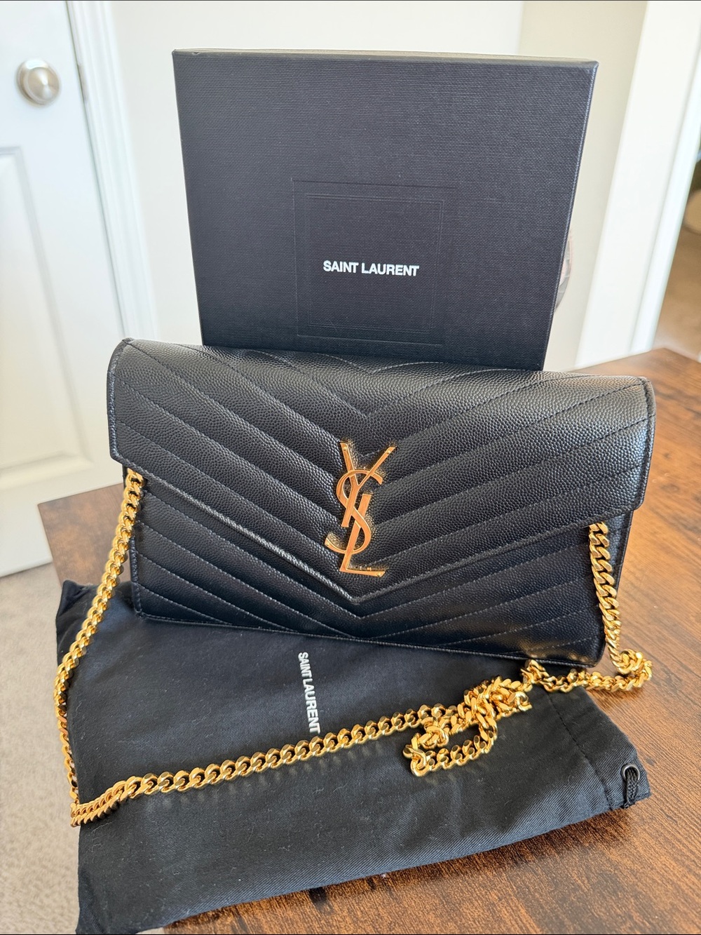 Saint Laurent Black Quilted Leather Envelope Crossbody with Gold YSL Chain